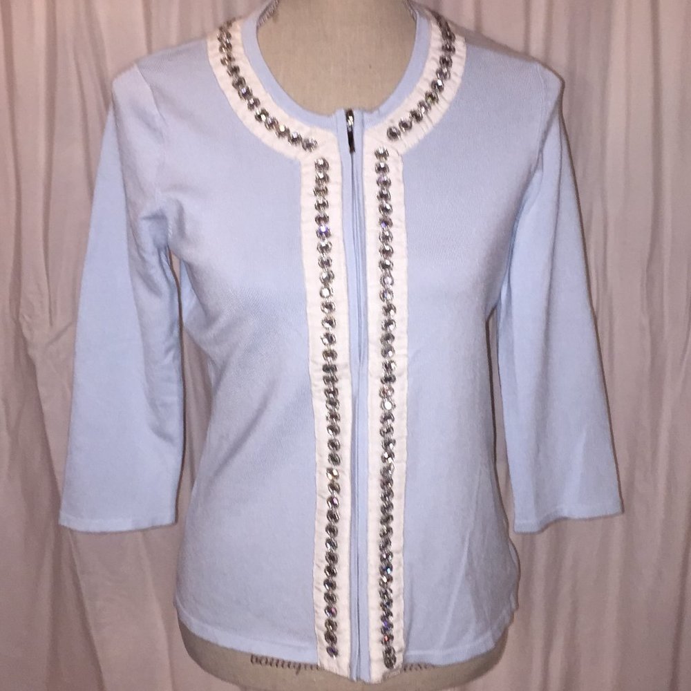 NWT RED label Pale Blue Zip Front Sweater w/Beading